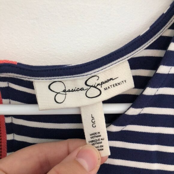 JESSICA SIMPSON MATERNITY Navy Blue White Stripe Coral Zipper Sheath Dress Large - Picture 5 of 12